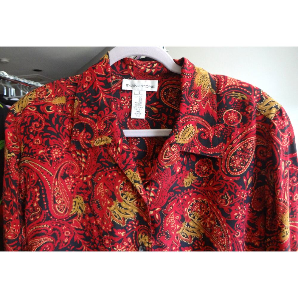 Vintage 90s Y2K Evan Picone Red Paisley SILK Button Down Blouse Plus 16 Boho - Picture 2 of 9